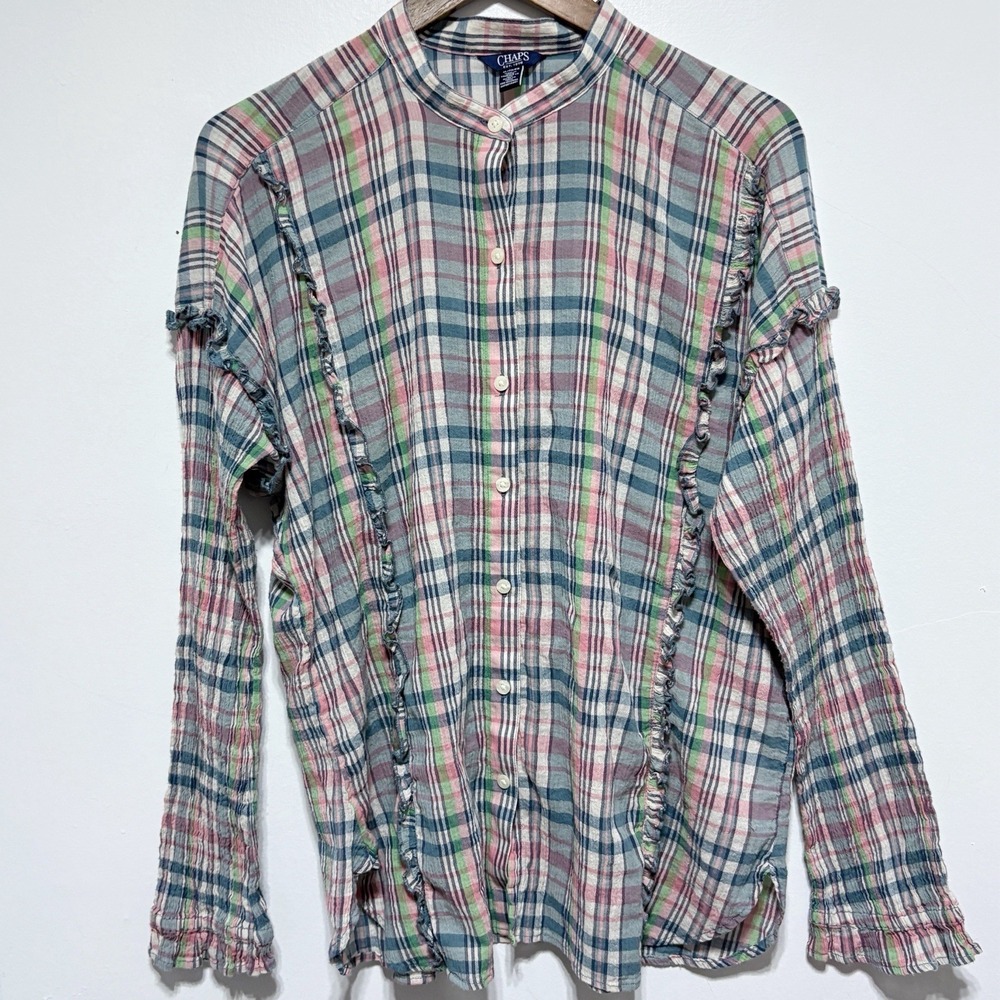 CHAPS Blouse Womens XL Pastel Plaid Ruffle Button Front Lightweight Cotton Top